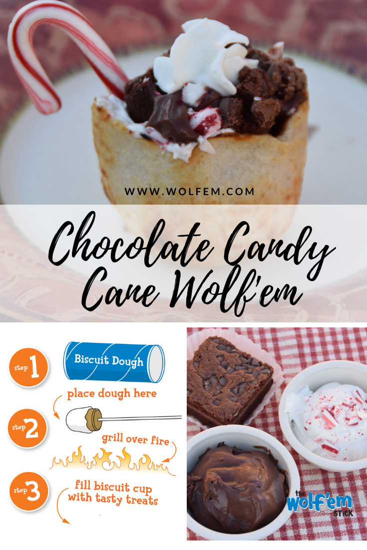 Wolf’em Stick marshmallow roasting stick with biscuit cup attachment used to make Wolf’ems a fun tasty treat better than s’mores.  Great for camping, backyard fire pits, family reunions, and gifts.