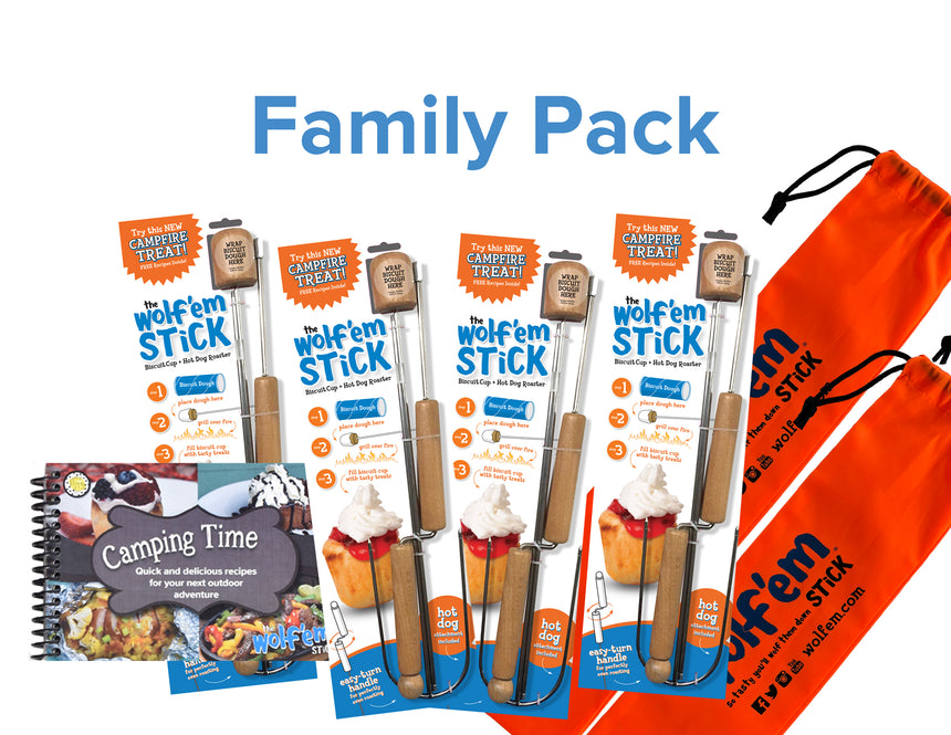 FAMILY PACK includes 4 Wolf'em Sticks®, 2 Carry Bags and FREE Cookbook