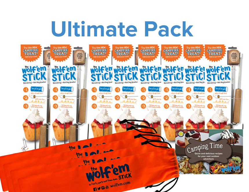 ULTIMATE FUN PACK includes 8 Wolf'em Sticks, 4 Carry bags and Cookbook